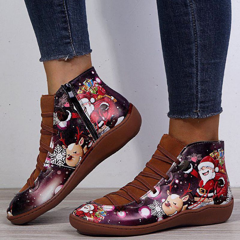 Botas Cortas Planas Con Estampado De Dibujos Animados Navideños Divertidos Para Mujer