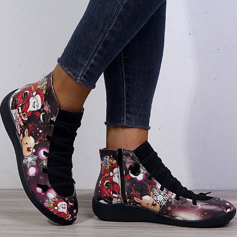 Botas Cortas Planas Con Estampado De Dibujos Animados Navideños Divertidos Para Mujer