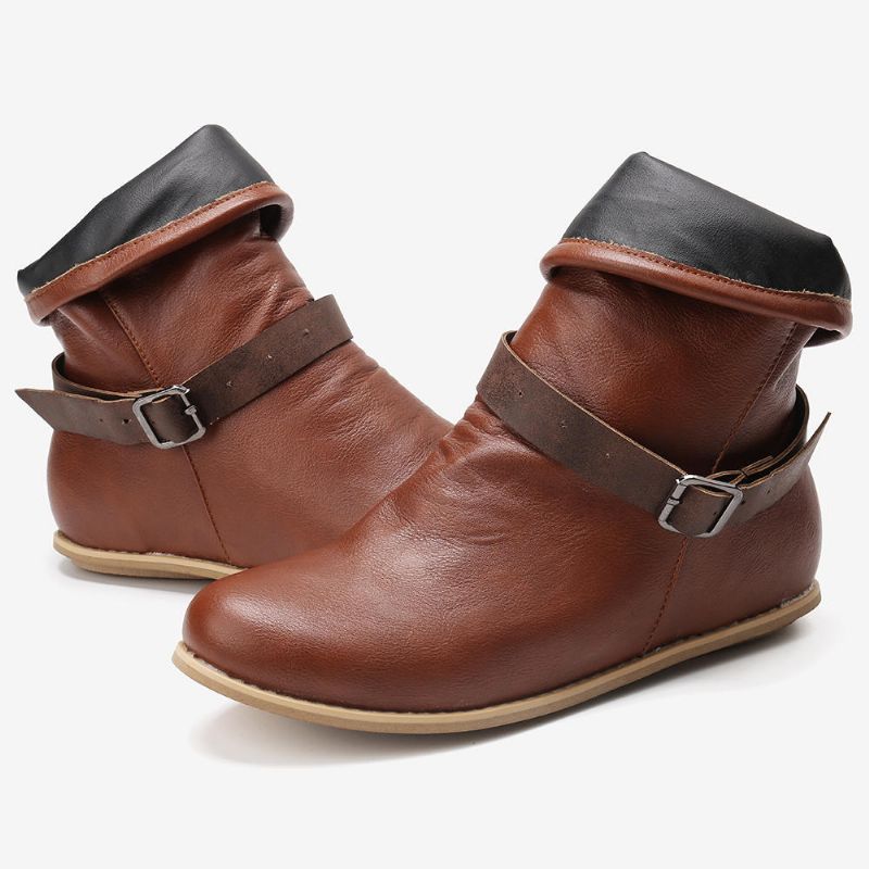 Botas Cortas Planas Con Punta Redonda Y Hebilla De Cuero Retro Para Mujer