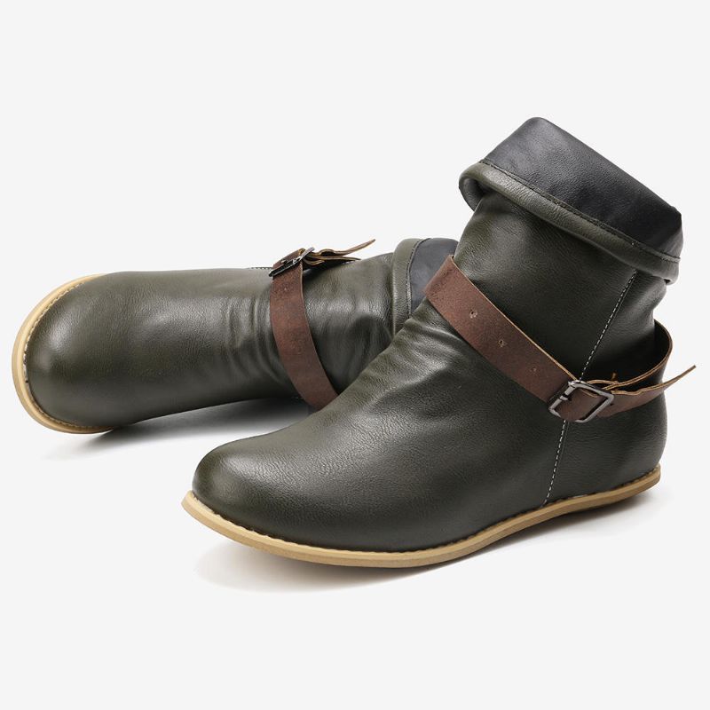 Botas Cortas Planas Con Punta Redonda Y Hebilla De Cuero Retro Para Mujer