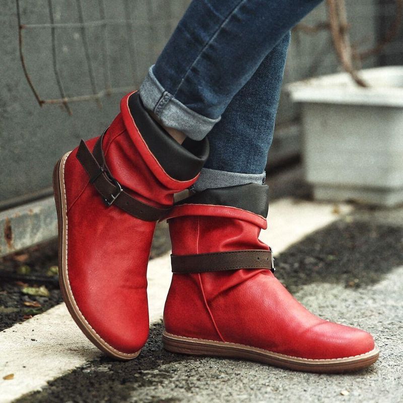 Botas Cortas Planas Con Punta Redonda Y Hebilla De Cuero Retro Para Mujer