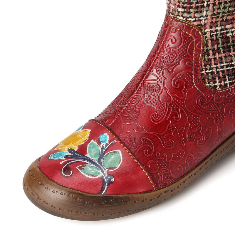 Botas Cortas Planas Planas De Cuero Genuino Con Estampado Floral De Empalme De Lana A Cuadros