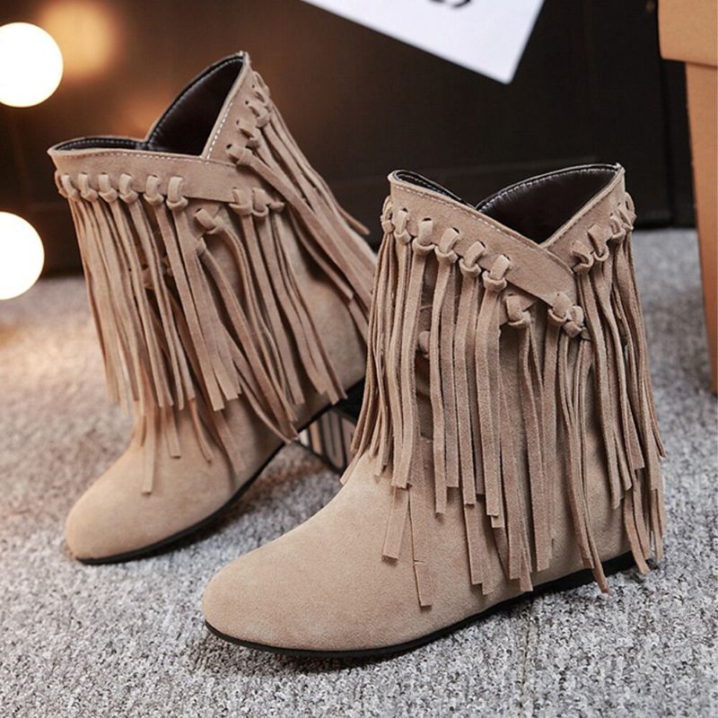 Botas Cortas De Tacón Aumentado Con Borla De Gamuza Informal Para Mujer De Talla Grande