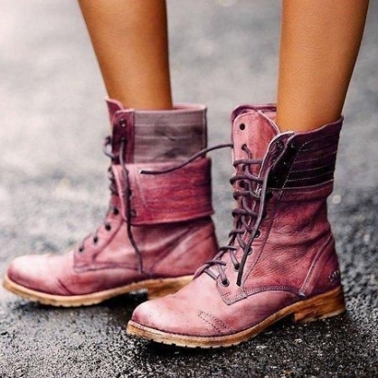 Botas Cortas De Tacón De Bloque Con Cordones De Cuero Retro Para Mujer