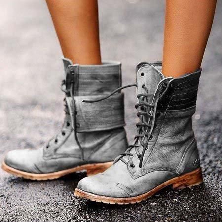 Botas Cortas De Tacón De Bloque Con Cordones De Cuero Retro Para Mujer