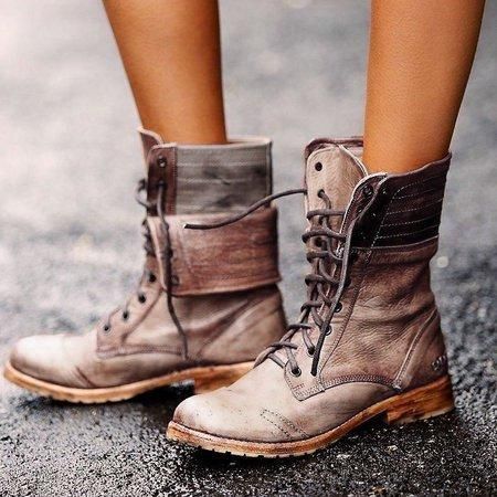 Botas Cortas De Tacón De Bloque Con Cordones De Cuero Retro Para Mujer