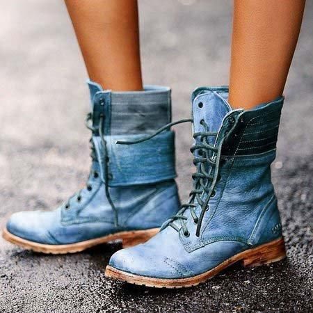 Botas Cortas De Tacón De Bloque Con Cordones De Cuero Retro Para Mujer