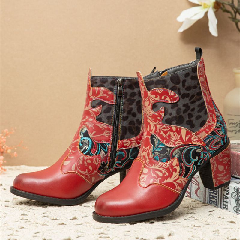 Botas Cortas De Tacón Grueso Con Cremallera Lateral Cómoda De Tela Con Patrón De Costura Retro