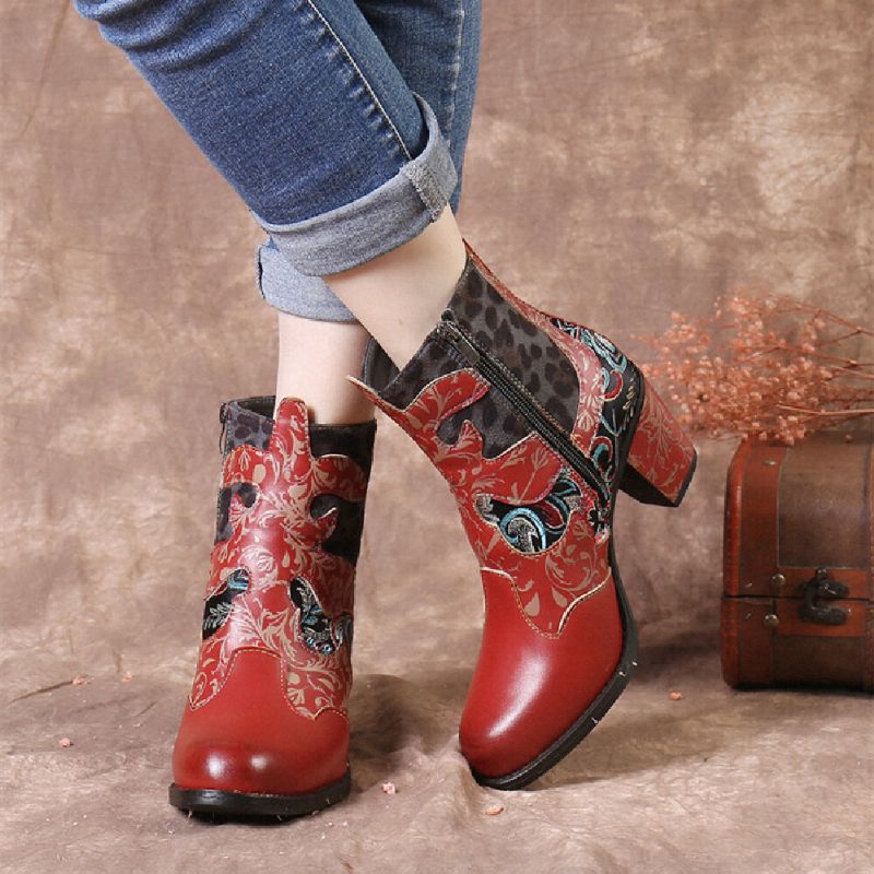 Botas Cortas De Tacón Grueso Con Cremallera Lateral Cómoda De Tela Con Patrón De Costura Retro