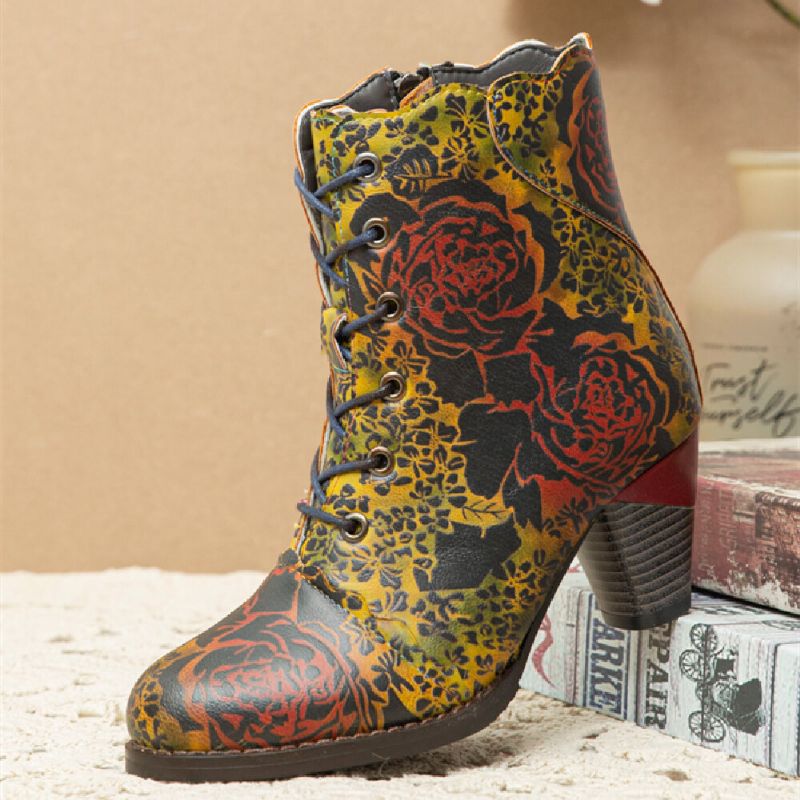 Botas Cortas De Tacón Grueso Con Cremallera Y Forro Cálido Con Estampado De Flores Vintage