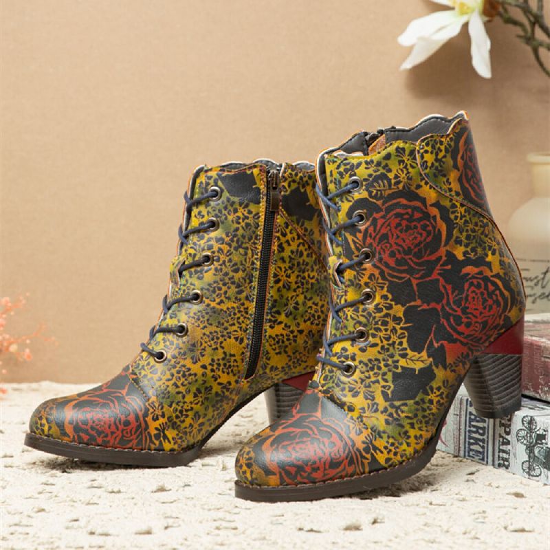 Botas Cortas De Tacón Grueso Con Cremallera Y Forro Cálido Con Estampado De Flores Vintage