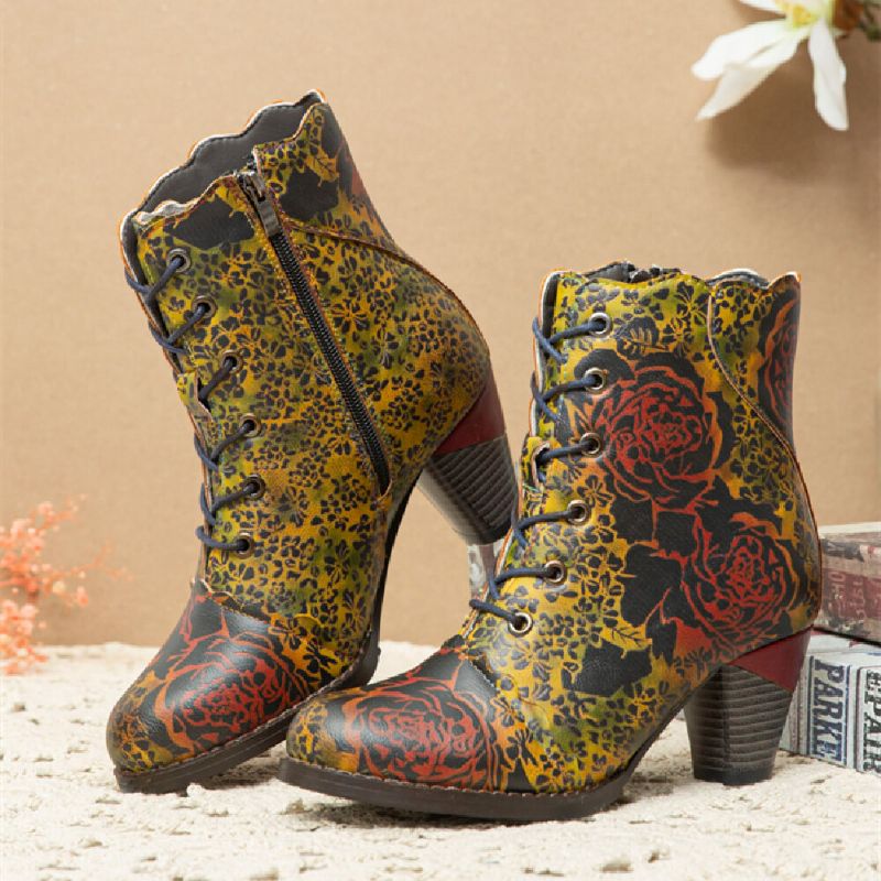 Botas Cortas De Tacón Grueso Con Cremallera Y Forro Cálido Con Estampado De Flores Vintage