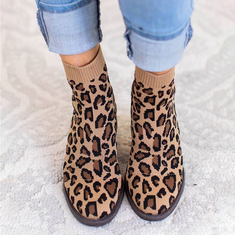 Botas Cortas De Tacón Grueso De Leopardo De Tela De Punto Transpirable Para Mujer De Talla Grande