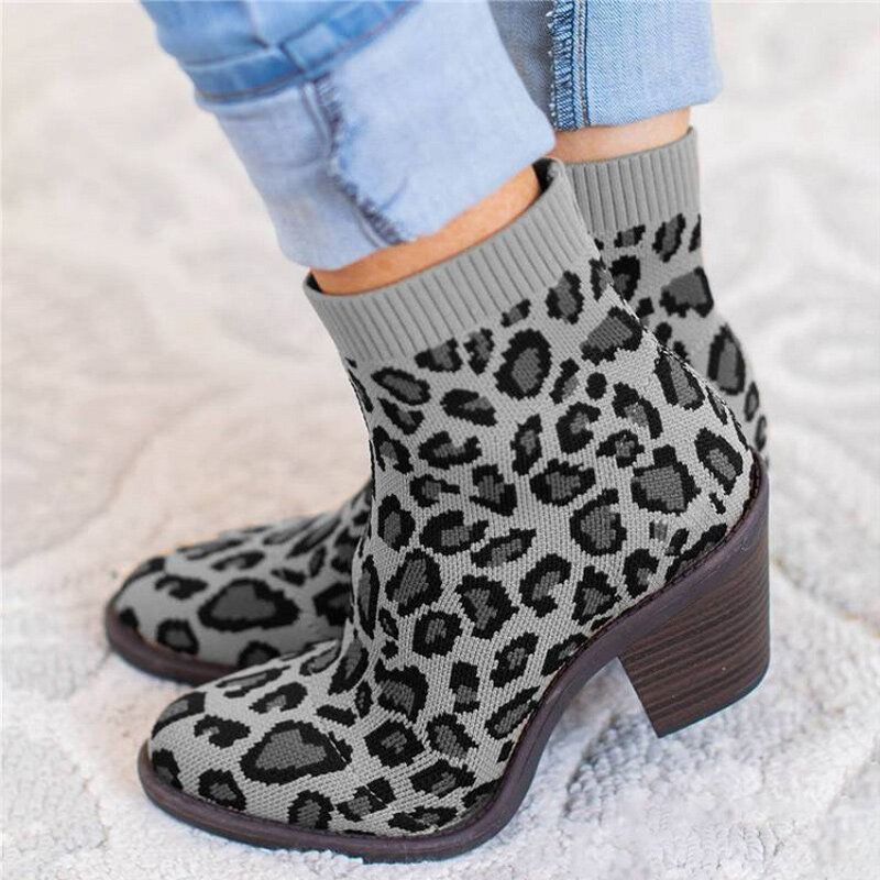 Botas Cortas De Tacón Grueso De Leopardo De Tela De Punto Transpirable Para Mujer De Talla Grande