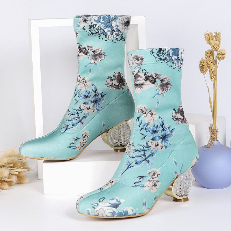 Botas Cortas De Tacón Grueso De Tela De Flores Bordadas Cómodas Y Elegantes Para Mujer