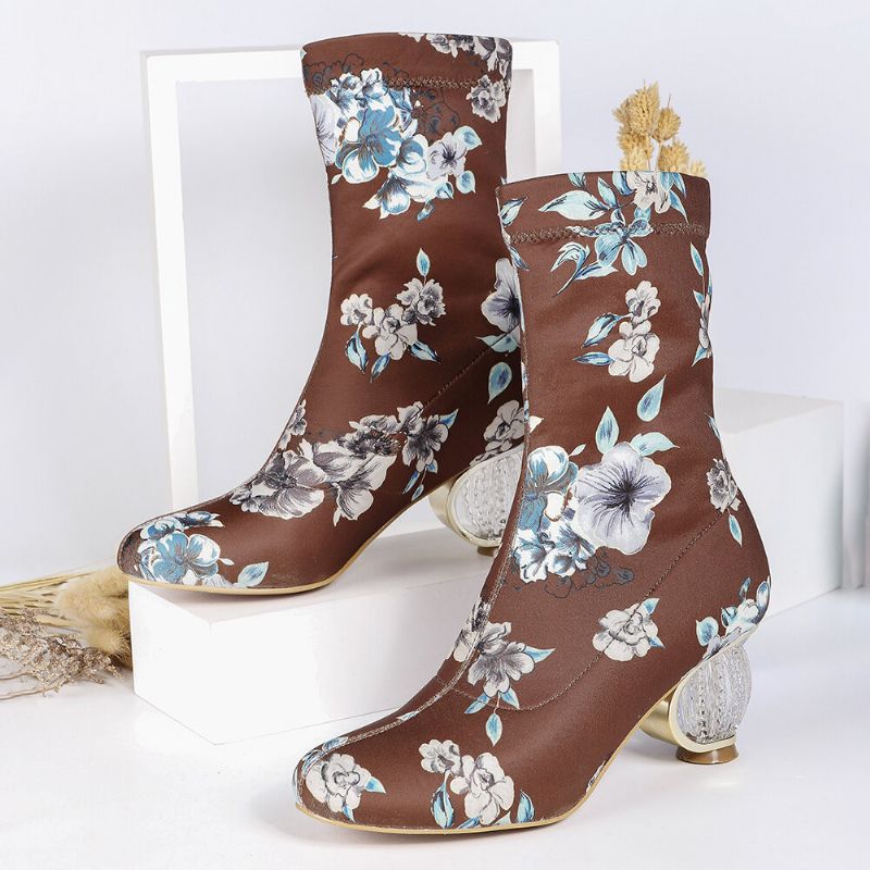 Botas Cortas De Tacón Grueso De Tela De Flores Bordadas Cómodas Y Elegantes Para Mujer