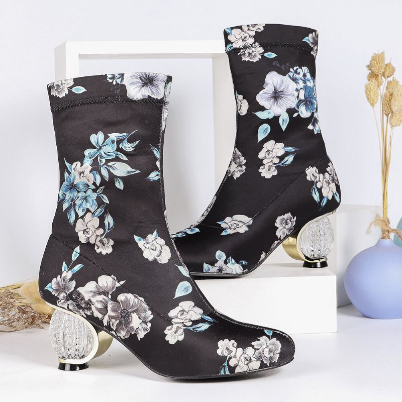 Botas Cortas De Tacón Grueso De Tela De Flores Bordadas Cómodas Y Elegantes Para Mujer