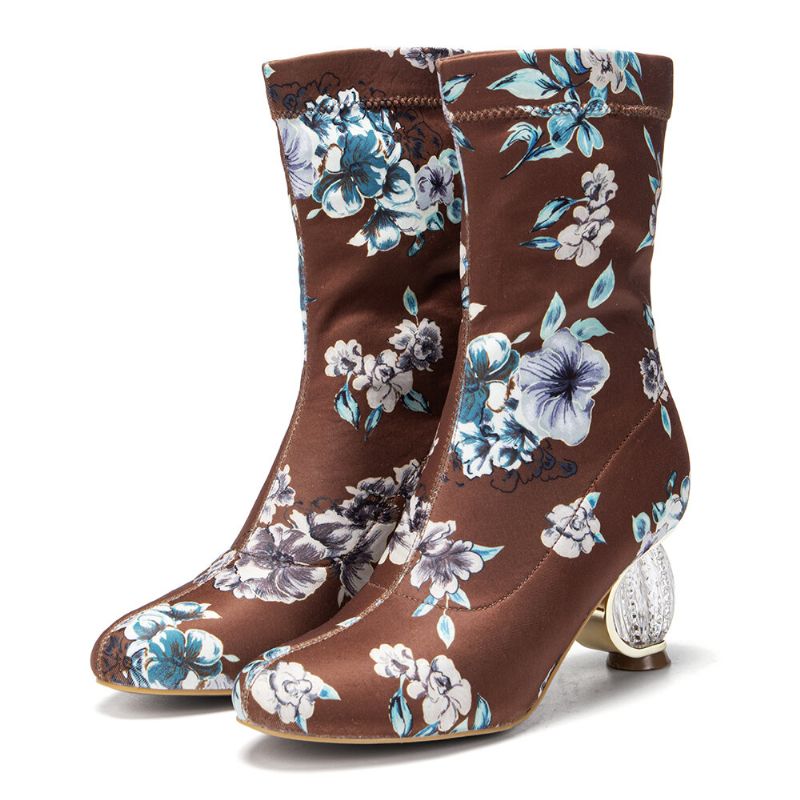 Botas Cortas De Tacón Grueso De Tela De Flores Bordadas Cómodas Y Elegantes Para Mujer