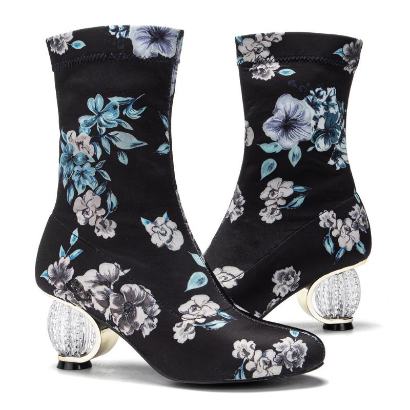 Botas Cortas De Tacón Grueso De Tela De Flores Bordadas Cómodas Y Elegantes Para Mujer