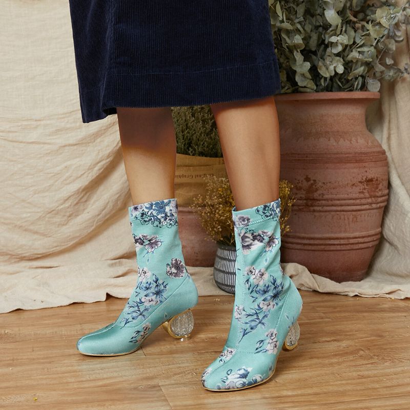 Botas Cortas De Tacón Grueso De Tela De Flores Bordadas Cómodas Y Elegantes Para Mujer