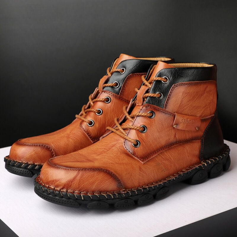 Botas De Cuero De Caña Alta Con Punta Redonda Cómoda Al Aire Libre Para Hombres