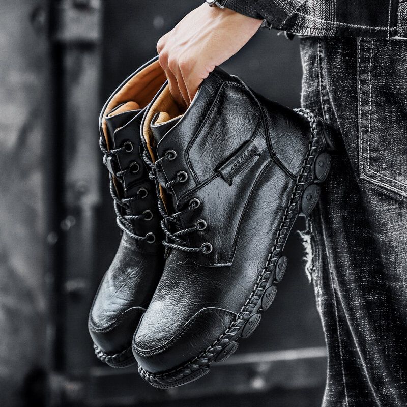 Botas De Cuero De Caña Alta Con Punta Redonda Cómoda Al Aire Libre Para Hombres