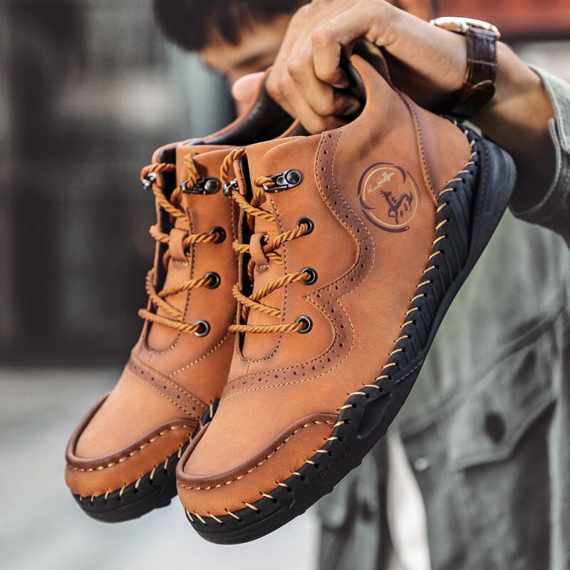 Botas De Cuero Casuales Con Suela Suave Antideslizante Para Coser A Mano Retro Para Hombre