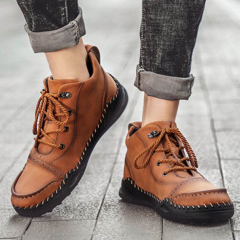 Botas De Cuero Casuales Con Suela Suave Antideslizante Para Coser A Mano Retro Para Hombre