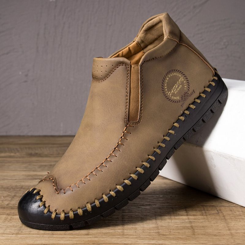 Botas De Cuero Con Punta De Goma Cosidas A Mano Antideslizantes Suaves Y Casuales Para Hombre