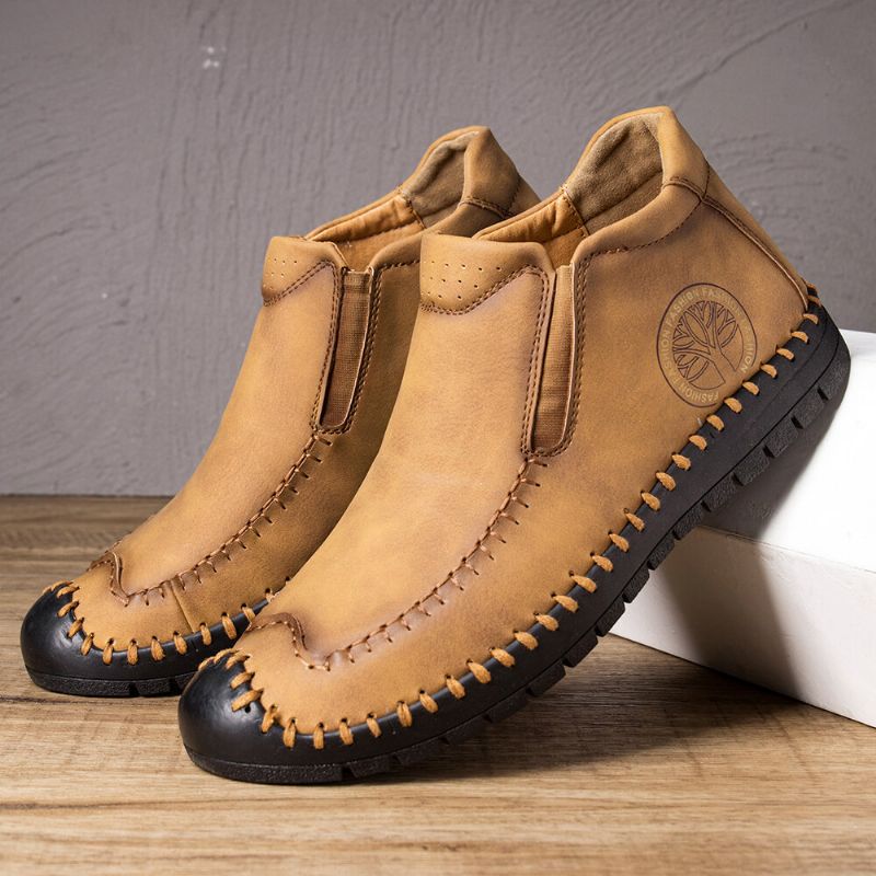 Botas De Cuero Con Punta De Goma Cosidas A Mano Antideslizantes Suaves Y Casuales Para Hombre