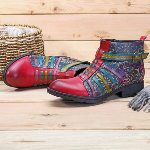 Botas De Cuero Planas Con Estampado De Rayas De Empalme Retro Para Mujer