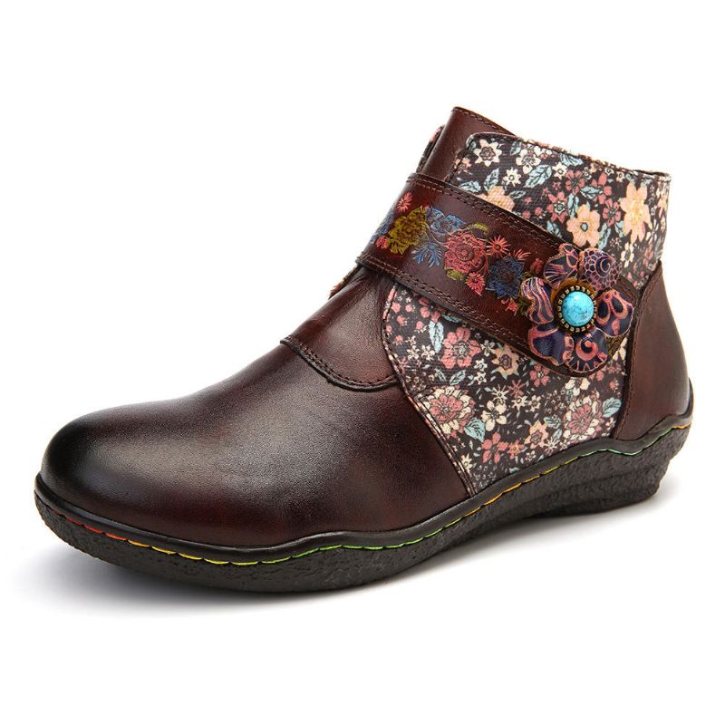 Botas De Cuero Suave Con Costuras Coloridas De Flores Pequeñas Retro