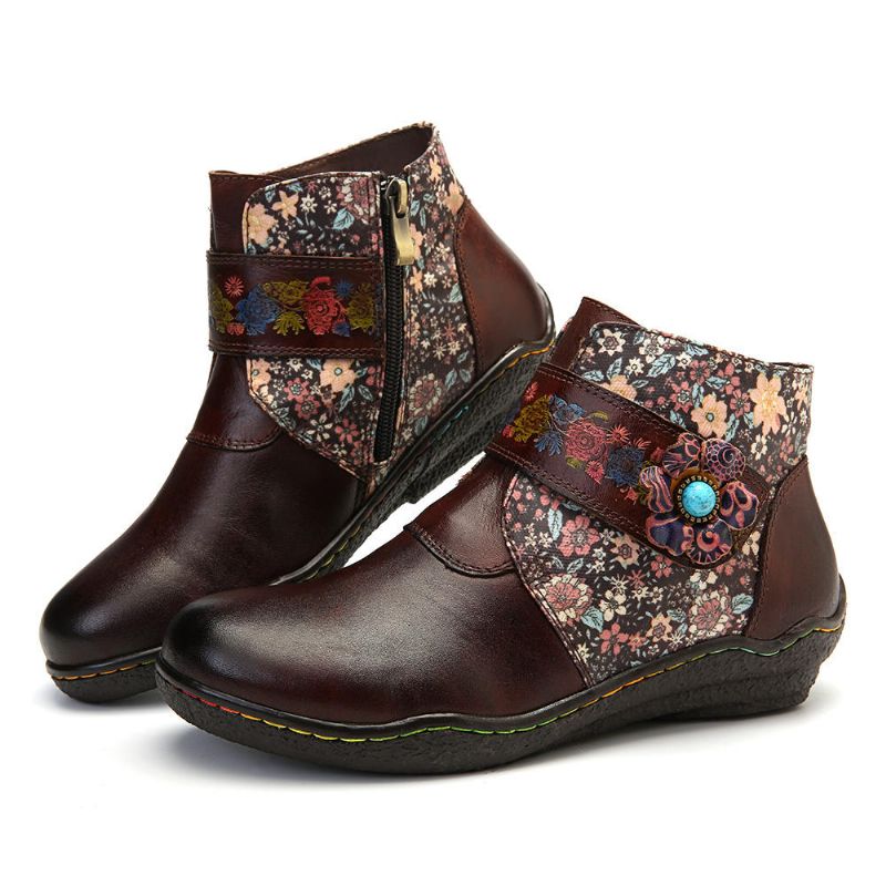 Botas De Cuero Suave Con Costuras Coloridas De Flores Pequeñas Retro