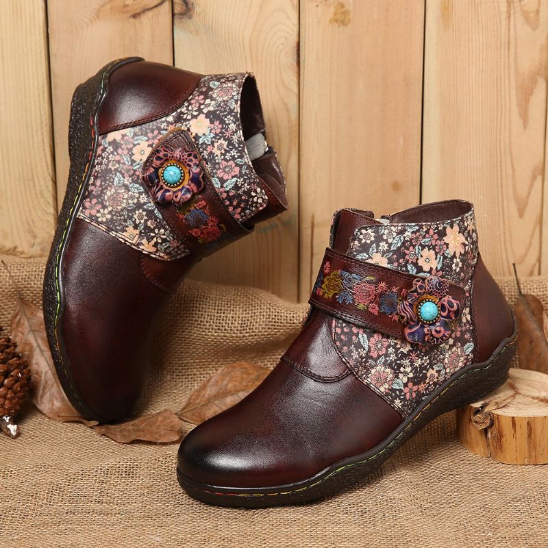 Botas De Cuero Suave Con Costuras Coloridas De Flores Pequeñas Retro