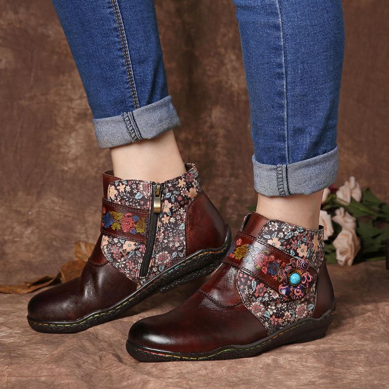 Botas De Cuero Suave Con Costuras Coloridas De Flores Pequeñas Retro