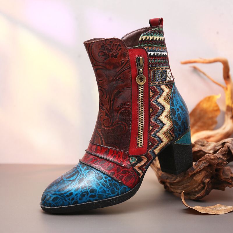 Botas Informales Con Cremallera Lateral Doble De Estilo Folclórico De Empalme De Flores De Cuero Retro