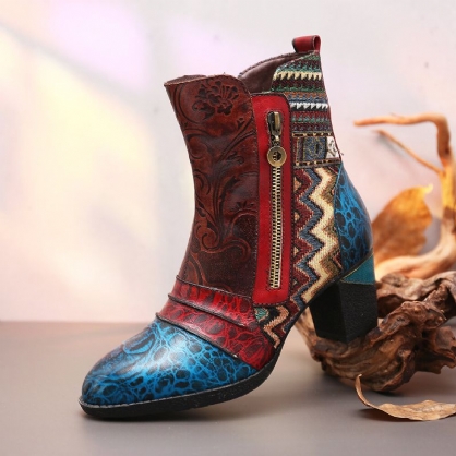 Botas Informales Con Cremallera Lateral Doble De Estilo Folclórico De Empalme De Flores De Cuero Retro