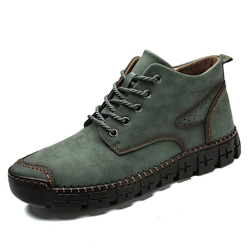 Botas Informales Retro Antideslizantes De Cuero Cosidas A Mano Para Hombre