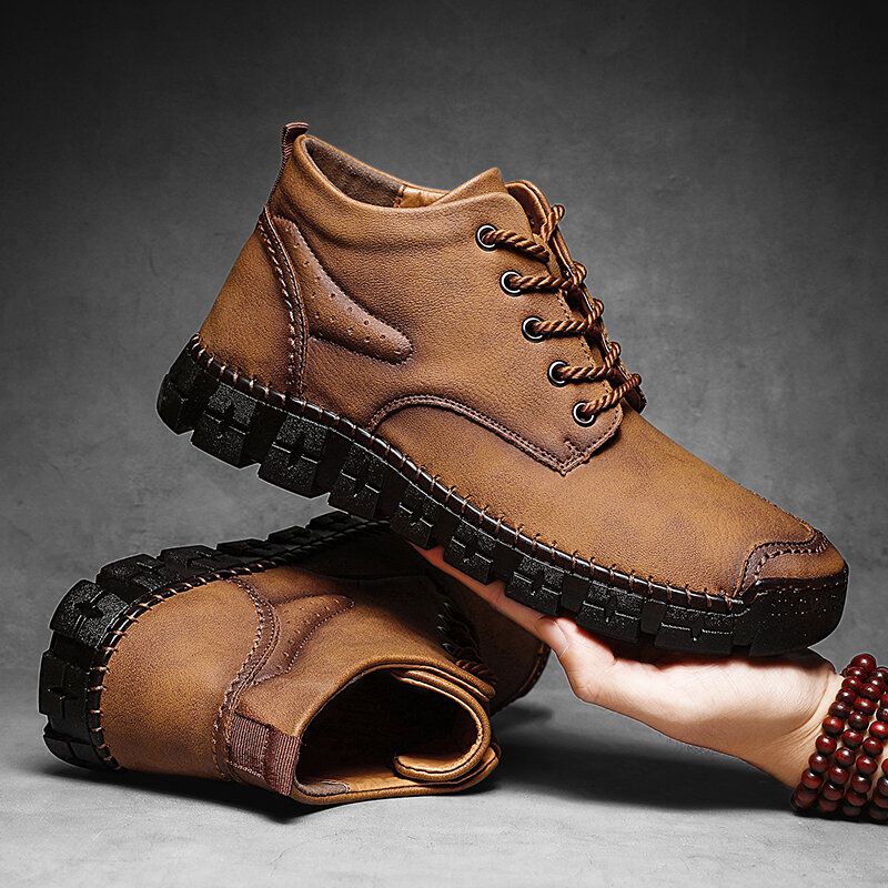 Botas Informales Retro Antideslizantes De Cuero Cosidas A Mano Para Hombre