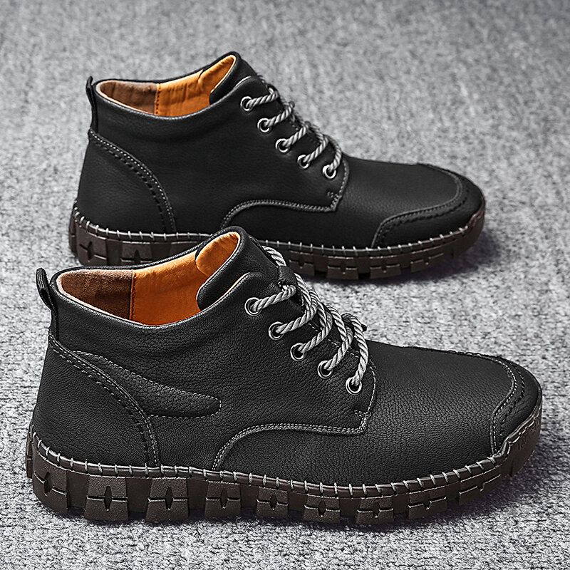 Botas Informales Retro Antideslizantes De Cuero Cosidas A Mano Para Hombre