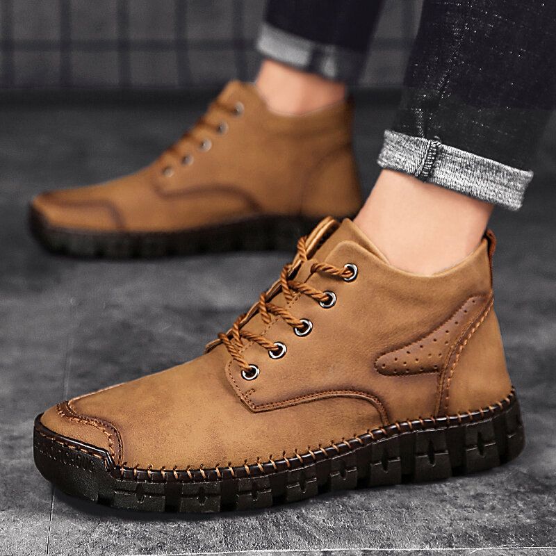 Botas Informales Retro Antideslizantes De Cuero Cosidas A Mano Para Hombre