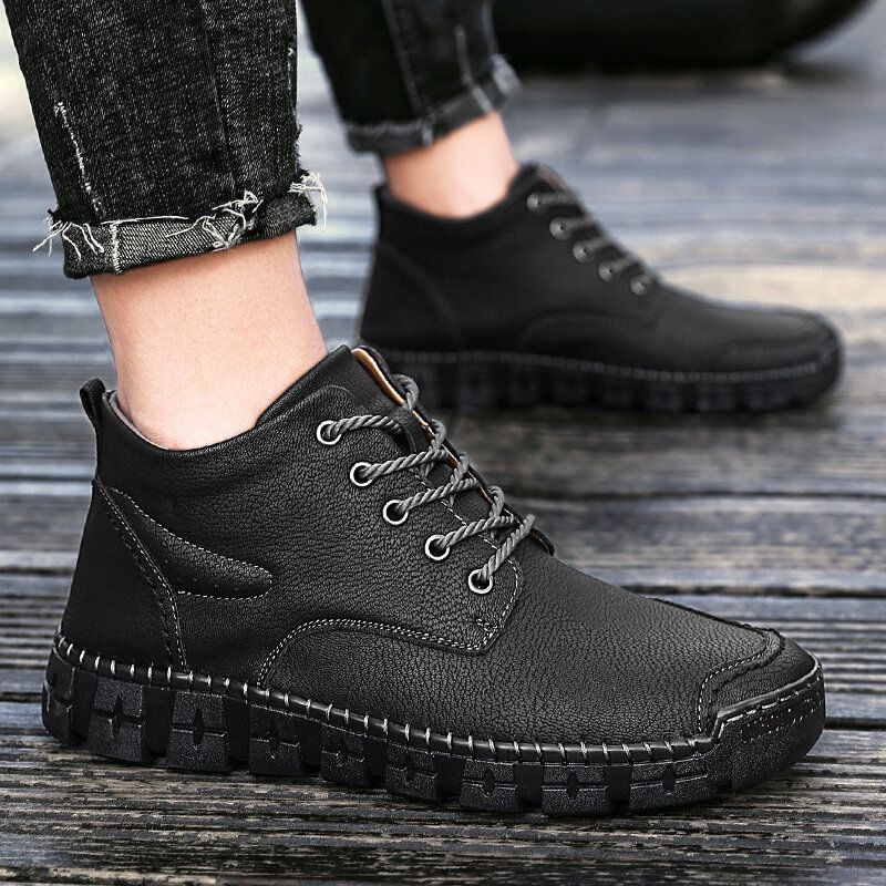 Botas Informales Retro Antideslizantes De Cuero Cosidas A Mano Para Hombre