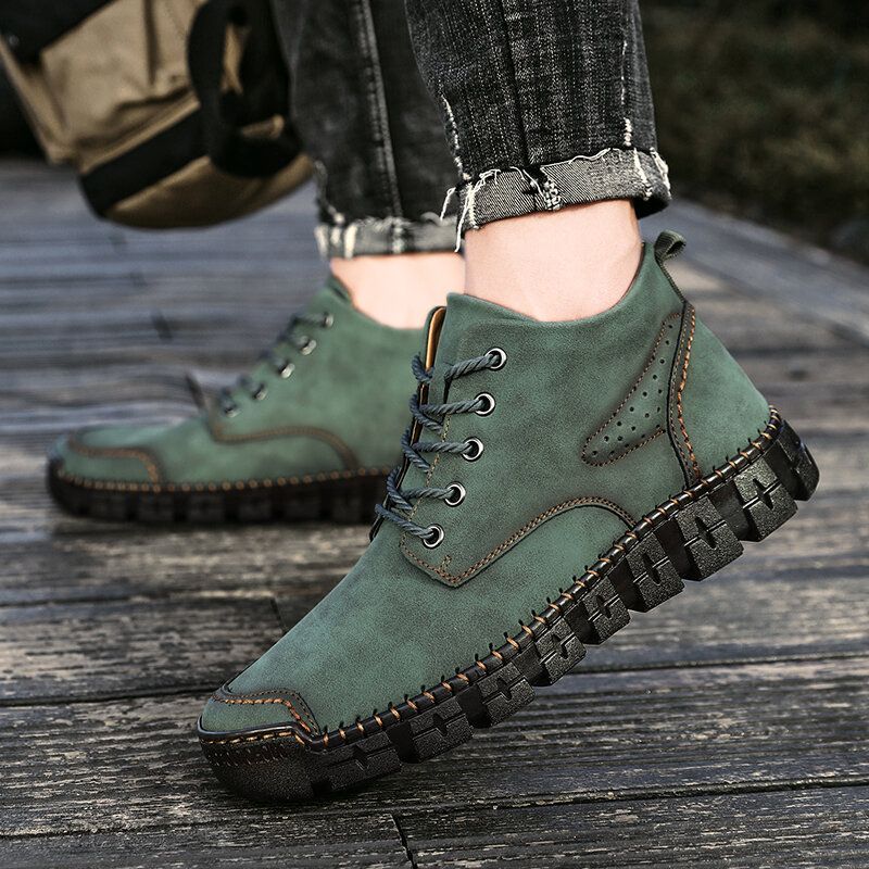 Botas Informales Retro Antideslizantes De Cuero Cosidas A Mano Para Hombre