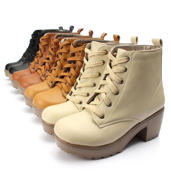 Botas De Invierno Con Punta Redonda Para Mujer Zapatos De Plataforma Con Cordones