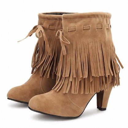 Botas De Invierno De Moda Para Mujer Borlas Punta Redonda Tacones Finos Botines Cortos