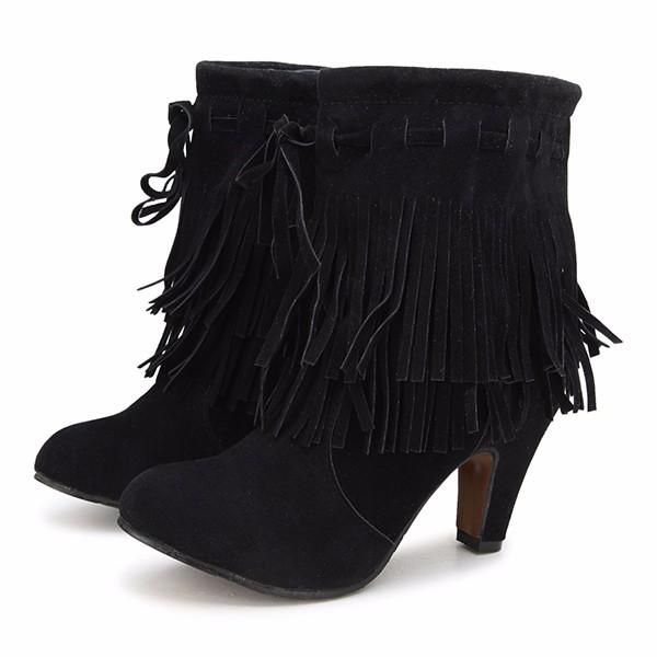 Botas De Invierno De Moda Para Mujer Borlas Punta Redonda Tacones Finos Botines Cortos