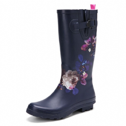 Botas De Lluvia Hasta La Rodilla De Tacón Bajo Impermeables Antideslizantes Florales De Caucho Natural Suave