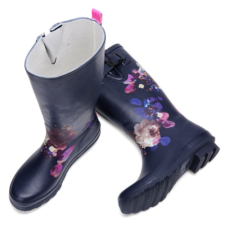 Botas De Lluvia Hasta La Rodilla De Tacón Bajo Impermeables Antideslizantes Florales De Caucho Natural Suave