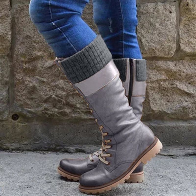 Botas De Media Pantorrilla Con Cordones Informales Cómodas Y Punta Redonda Para Mujer De Talla Grande