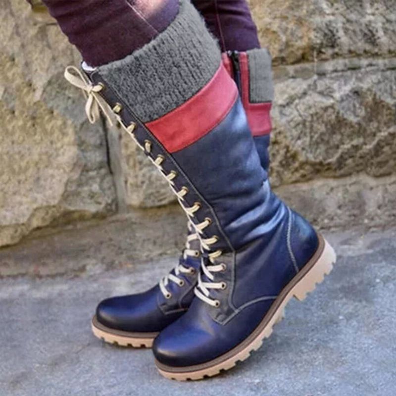 Botas De Media Pantorrilla Con Cordones Informales Cómodas Y Punta Redonda Para Mujer De Talla Grande